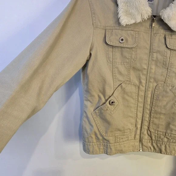 Vintage Anchor Blue Faux Fur Collar Canvas Jacket M Satin‎ Lined Cropped Y2K - Picture 3 of 9